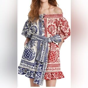 Farm Rio Mixed Pineapple Garden Linen-blend off shoulder Mini Dress Red/Blue M